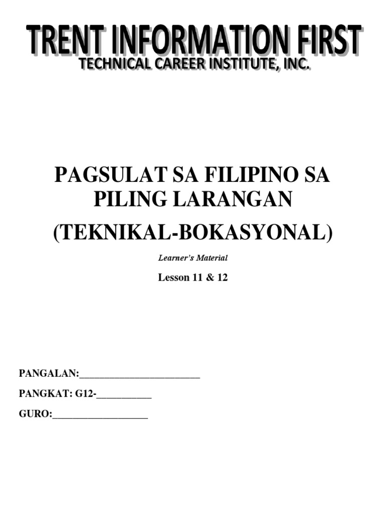 APPLIED FILIPINO (Teknikal-Bokasyonal) W11-12 | PDF