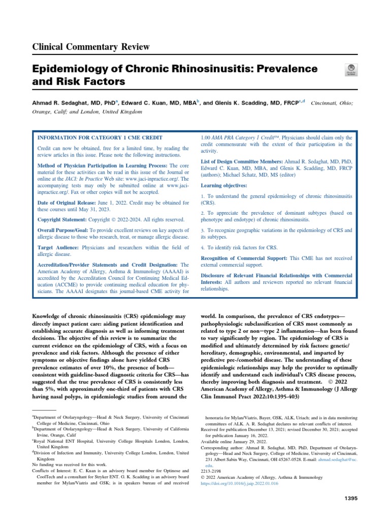 Epidemiology of Chronic Rhinosinusitis: Prevalence and Risk Factors ...