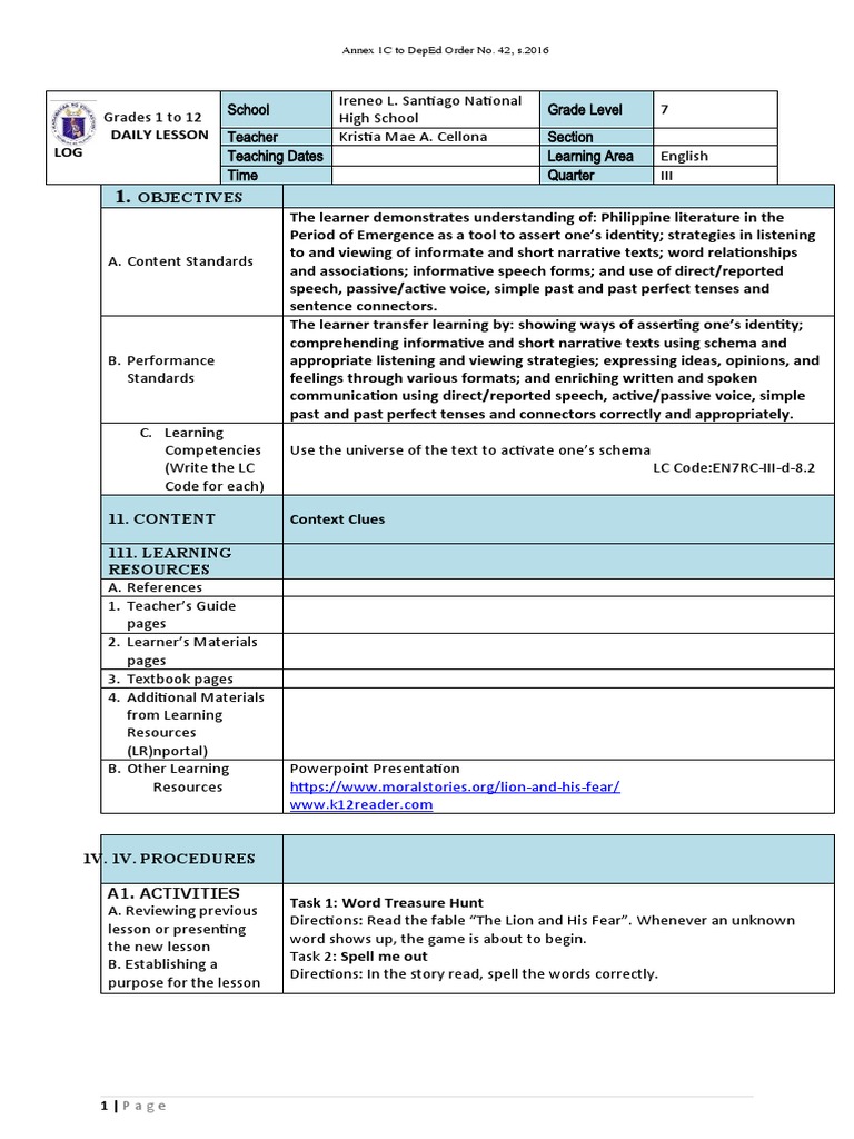 Annex 1c to deped order no 42 s 2016 pdf learning narrative