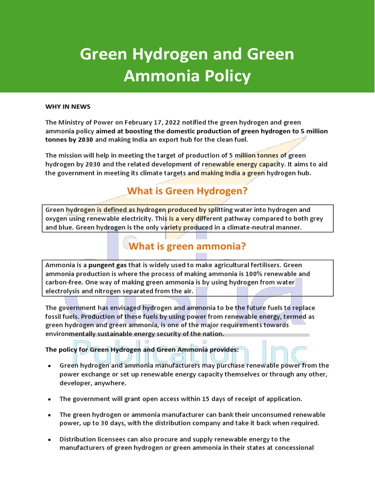 Green Hydrogen and Green Ammonia Policy | PDF | Renewable Energy | Ammonia