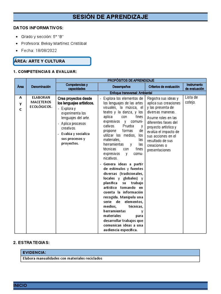 Sesión de Aprendizaje - Arte de Cultura 18 de Agosto | PDF | Reciclaje ...