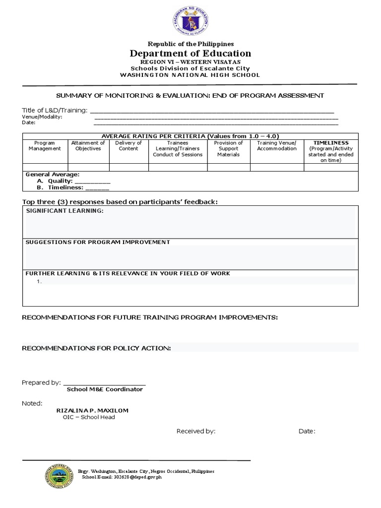 M&E Summary Report School For INSET, SLAC and Other Training-Related ...