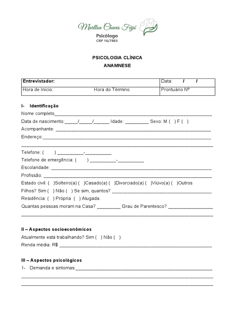 Anamnese em Psicologia Clínica | PDF | Ciências da Saúde | Doenças e ...