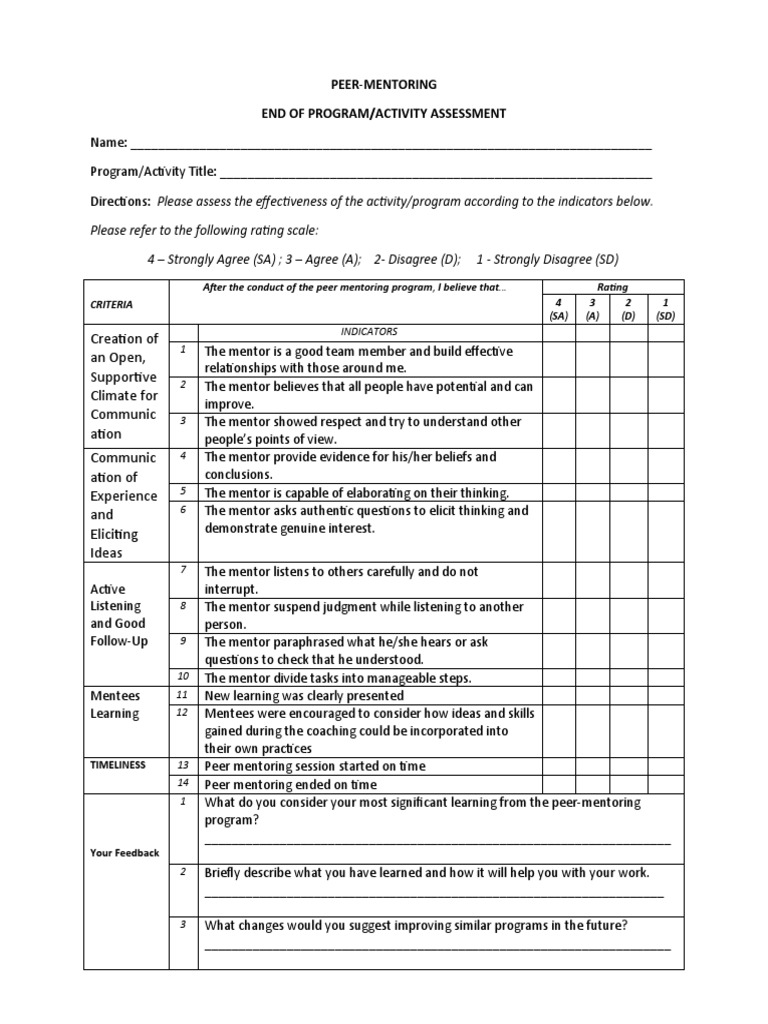 Peer Mentoring Program Assessment Form | PDF | Mentorship | Psychology