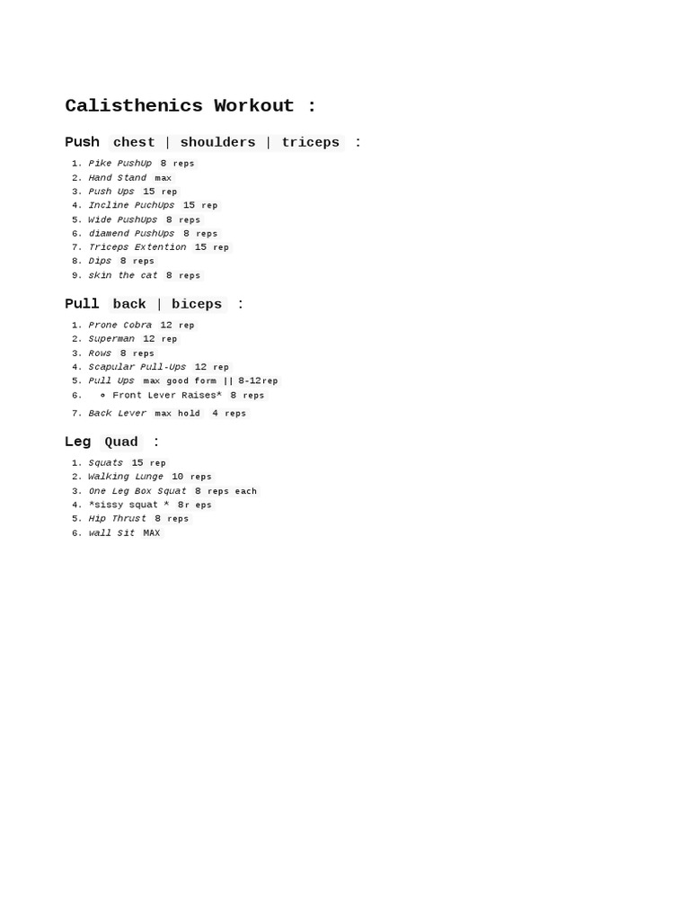 Calisthenics Push Pull Legs Routine | PDF