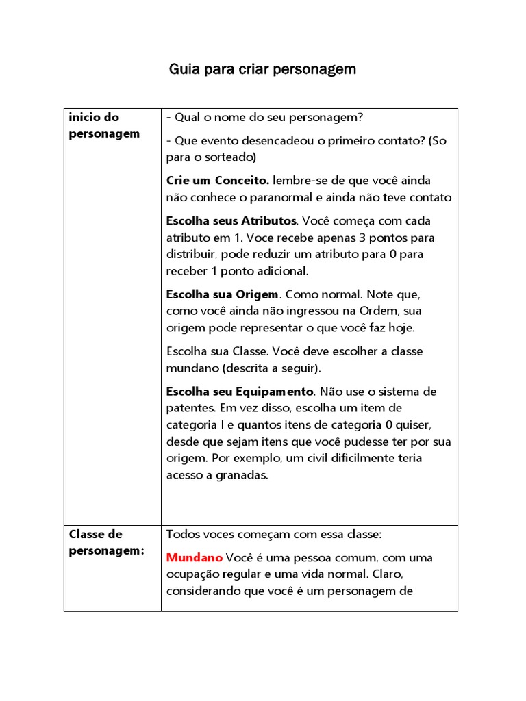 Guia para Criar Personagem | PDF | Inteligência | Jogos de RPG