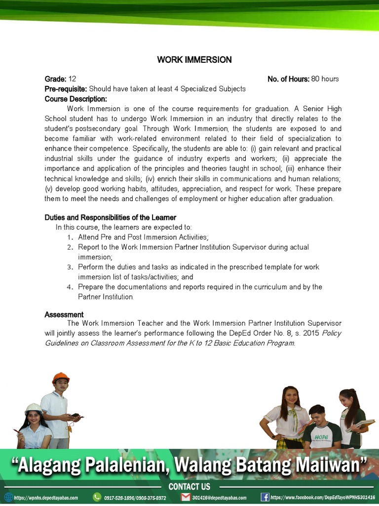 Grade 12 Work Immersion Overview | PDF | Teachers | Experience