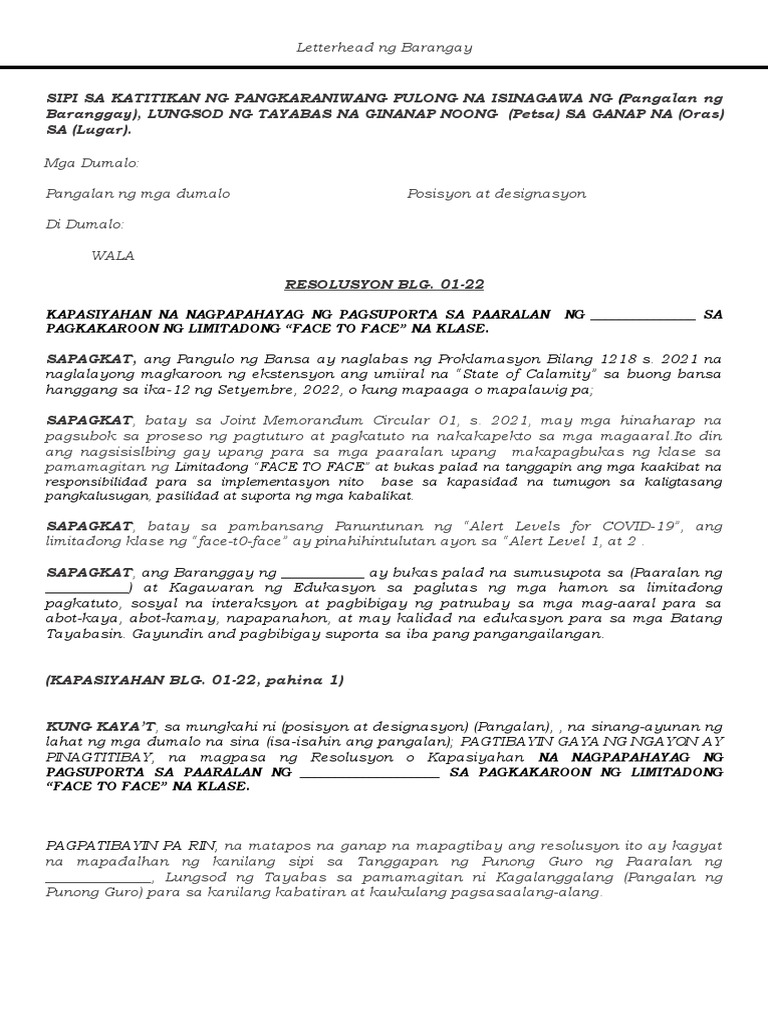Resolution Draft Brgy. | PDF