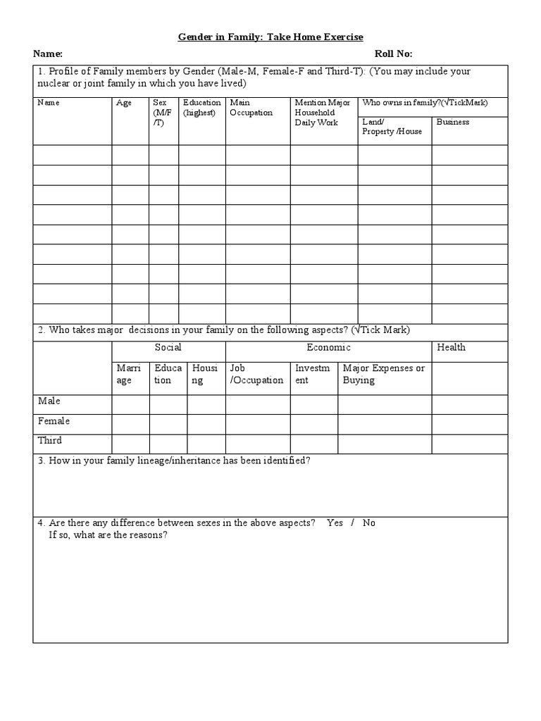 Gender Family Exercise | PDF