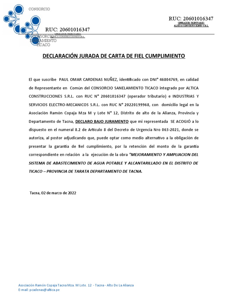 Declaracion Jurada de Fiel Cumplimiento | PDF | Administracion del Agua ...