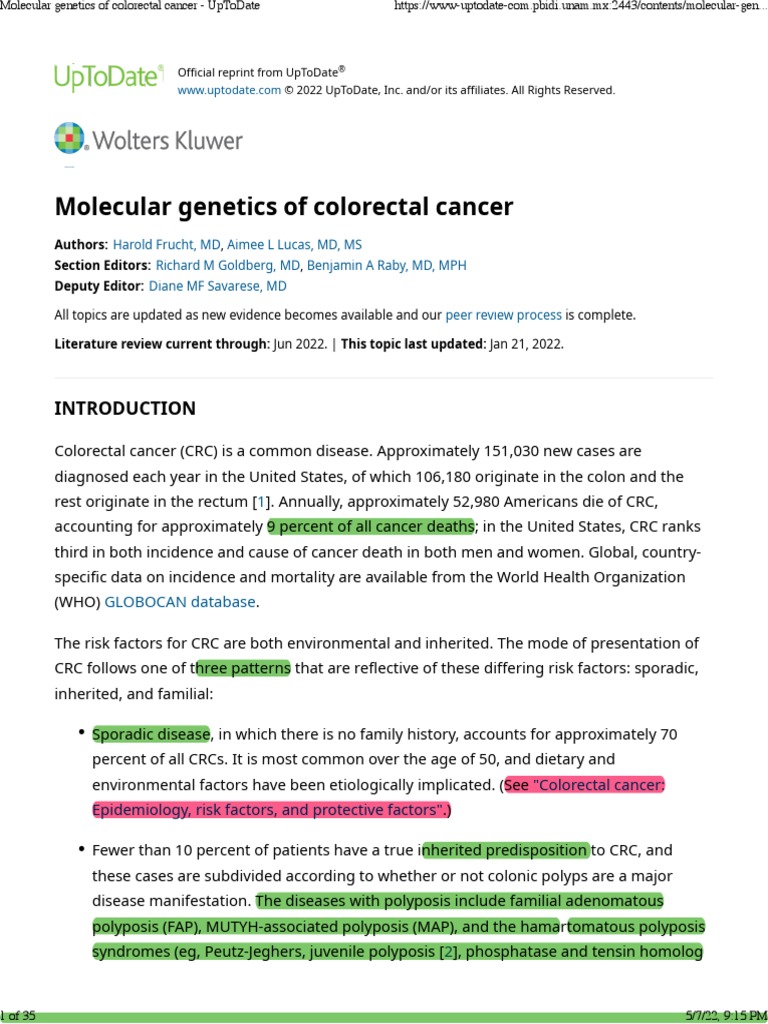 Molecular of Colorectal Cancer UpToDate PDF Colorectal Cancer Carcinogenesis