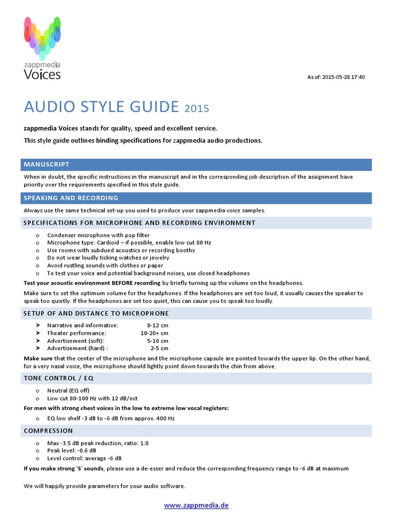 Zappmedia Audio Style Guide 2015 | PDF | Microphone | Headphones