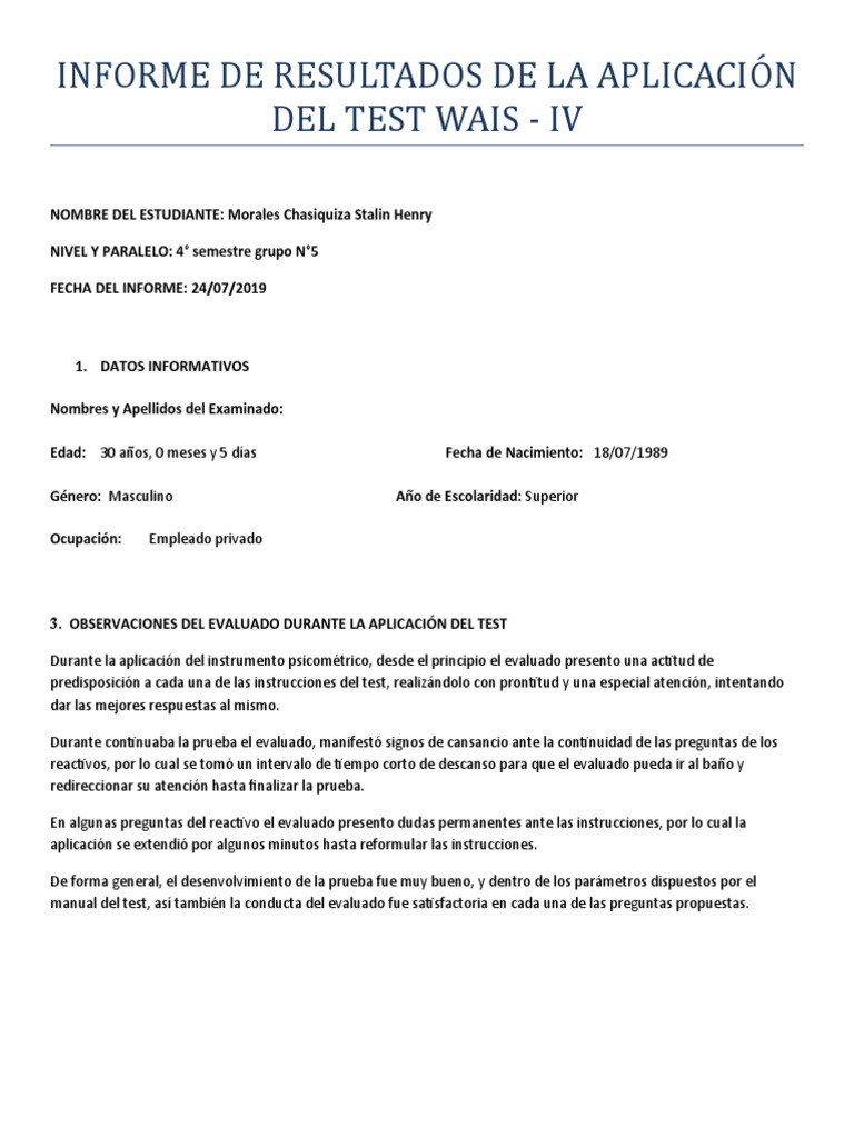 Informe de Resultados Del Test Wais IV - Actualizado 2019 | PDF ...