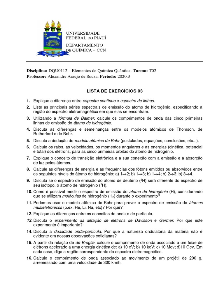 Lista de Exercicios 03 - DQU0112 EQQ | PDF | Elétron | Espectro ...