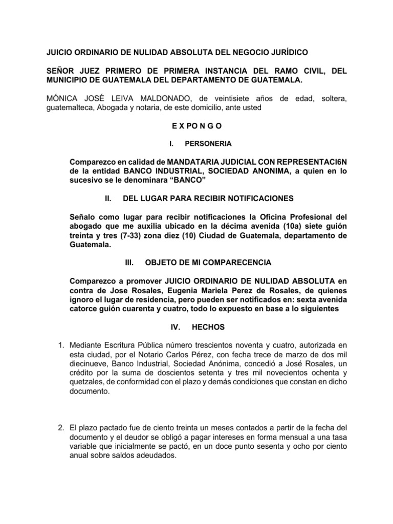 Juicio Ordinario de Nulidad Absoluta Del Negocio Jurídico | PDF