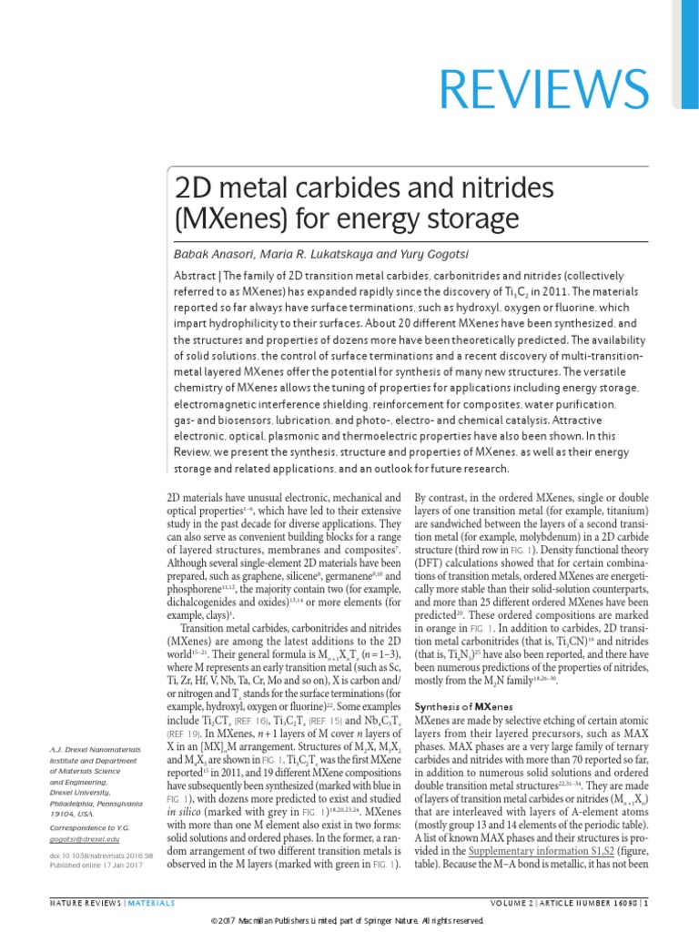 Reviews: 2D Metal Carbides and Nitrides (Mxenes) For Energy Storage ...