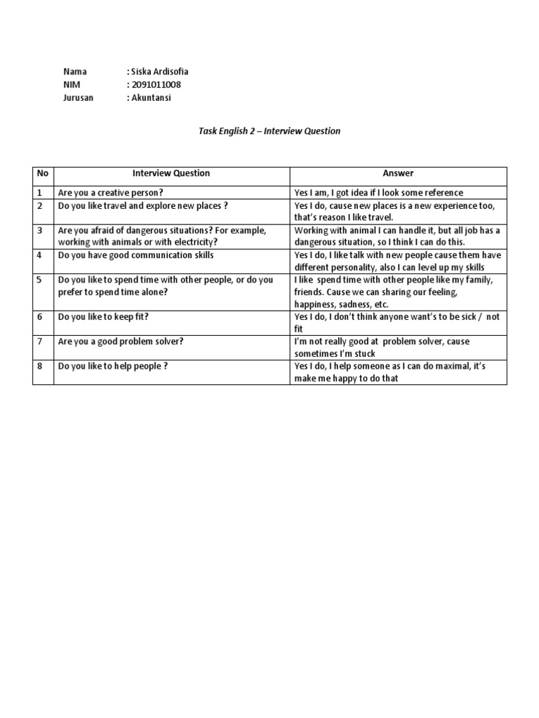 Task English 2 - Interview Question | PDF | Self-Improvement