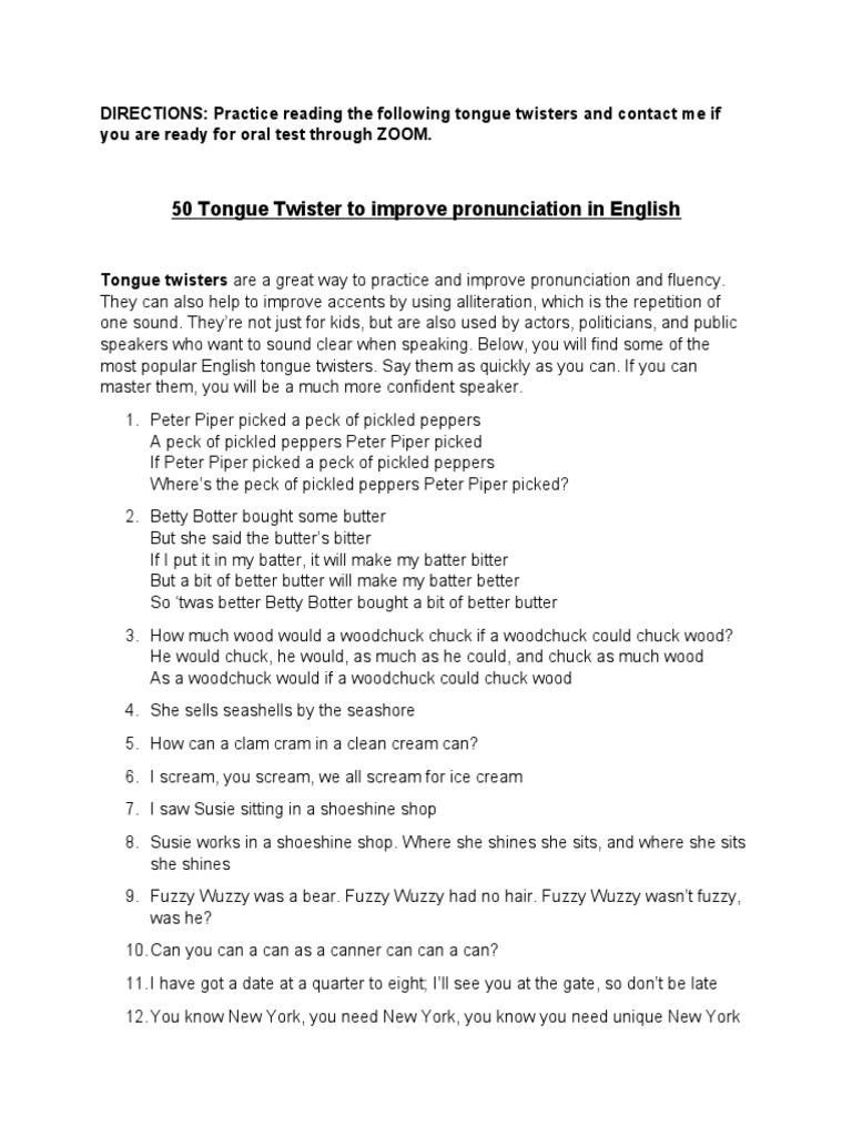 50 Tongue Twister To Improve Pronunciation in English PDF Linguistics