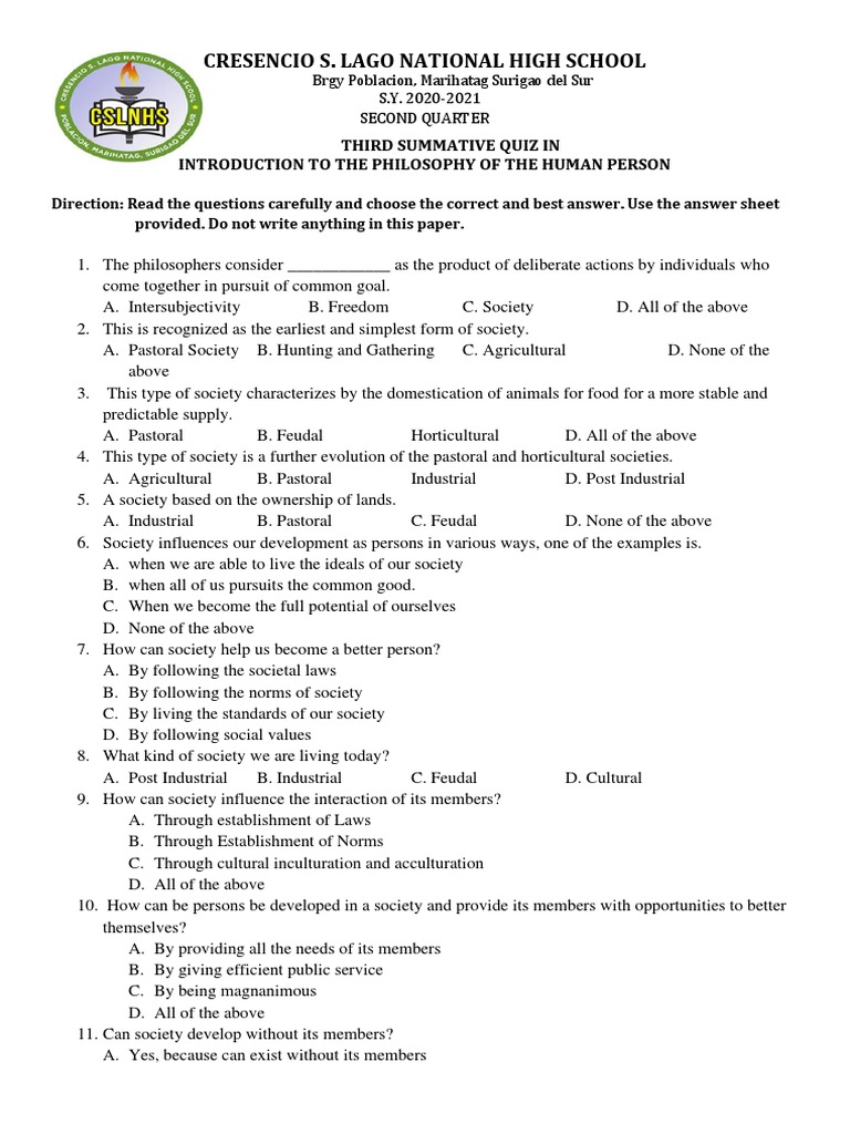 2nd Quarter 3rd Summative Pdf Society