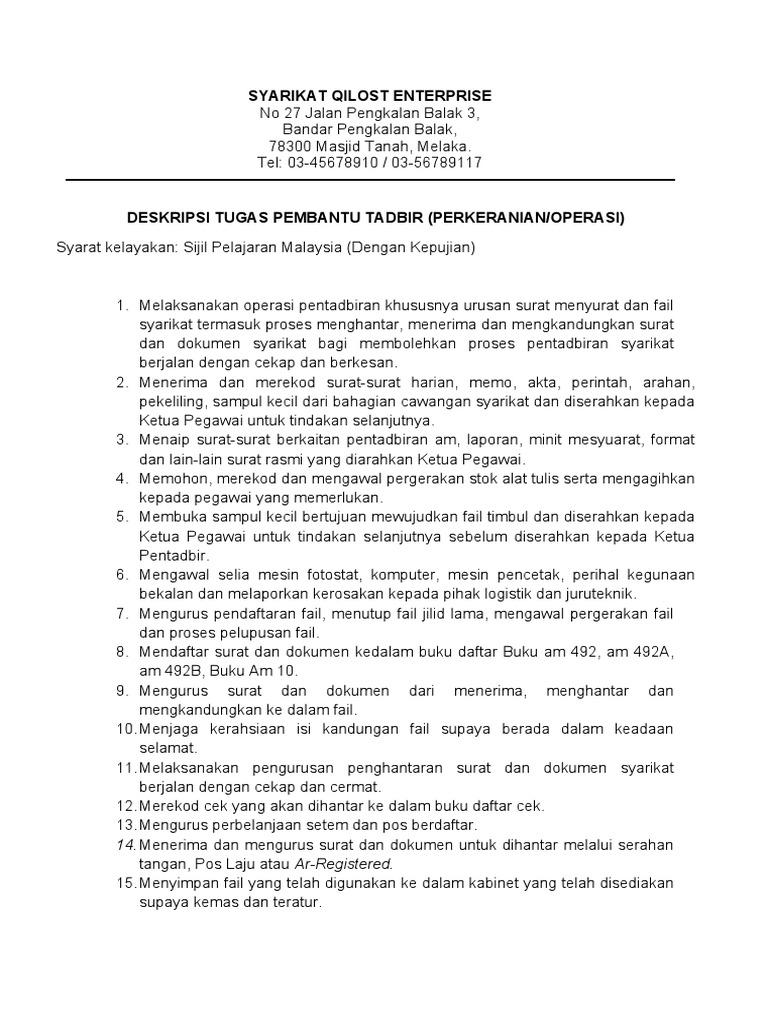 Deskripsi Tugas Pembantu Tadbir PDF