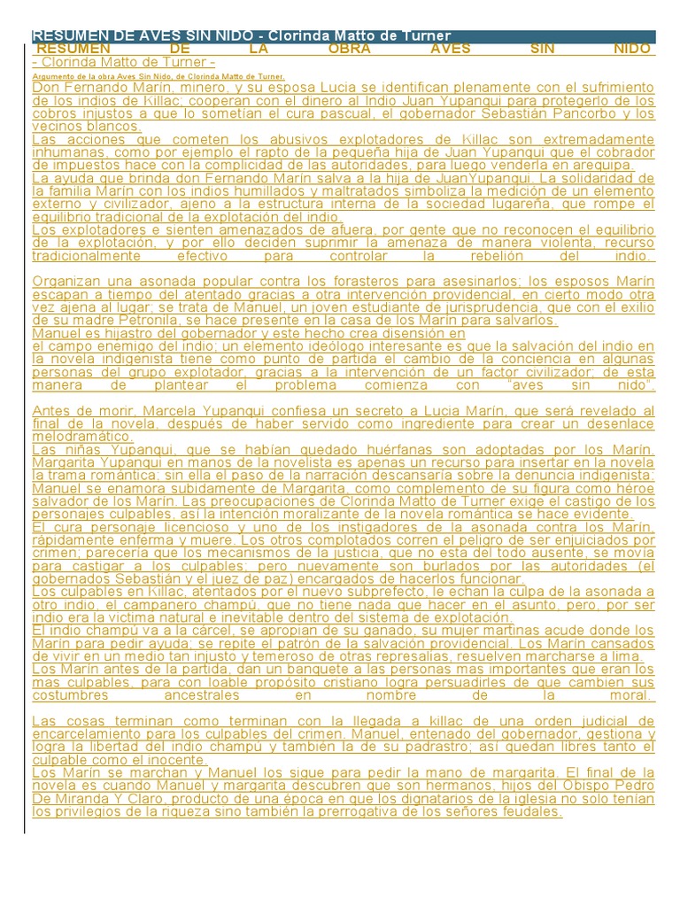 Resumen De Aves Sin Nido Pdf