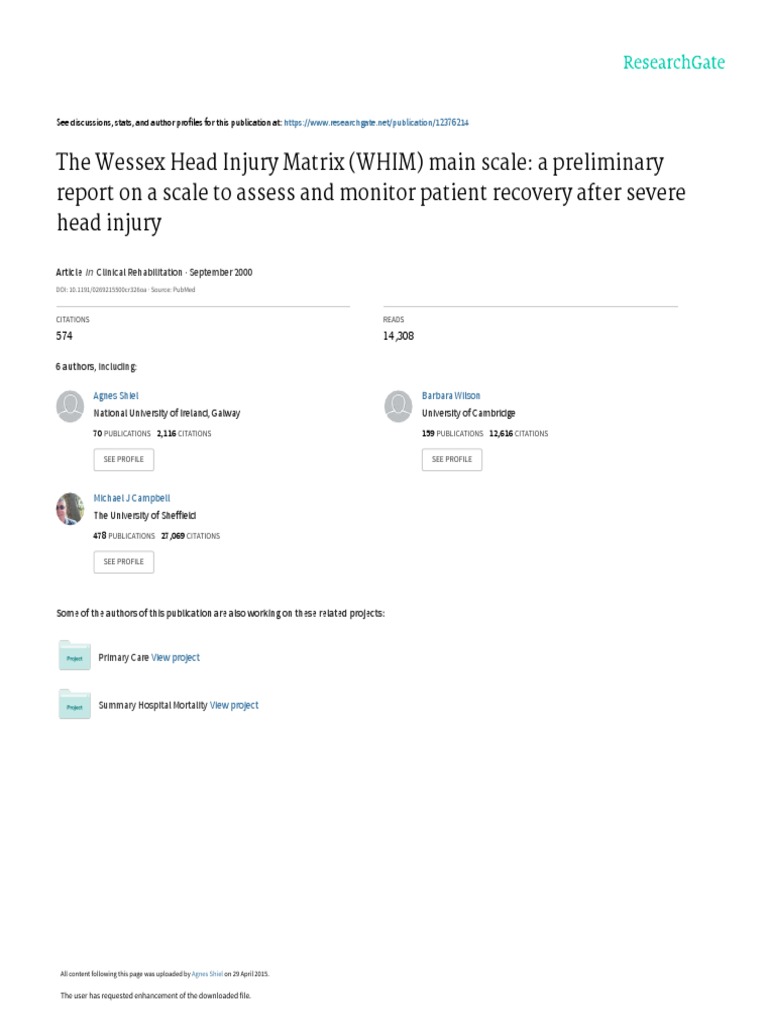 The Wessex Head Injury Matrix PDF Traumatic Brain Injury Coma