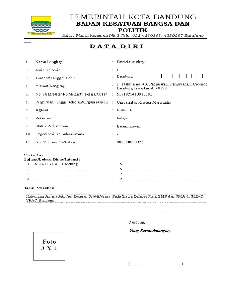 Form Data Diri Penelitian | PDF