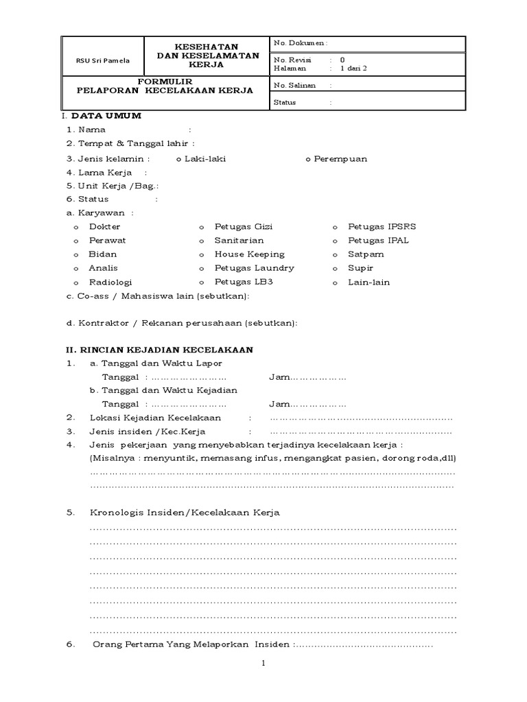 Formulir Pelaporan Kecelakaan Kerja Pdf