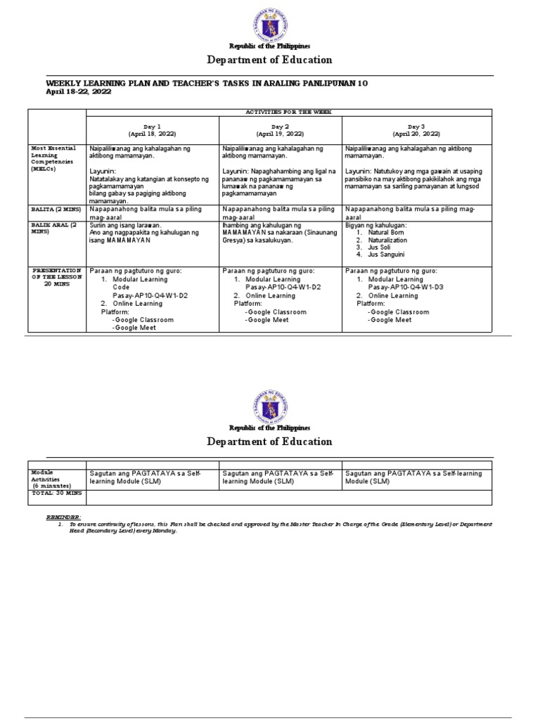 Weekly Learning Plan 10 AP 10 | PDF