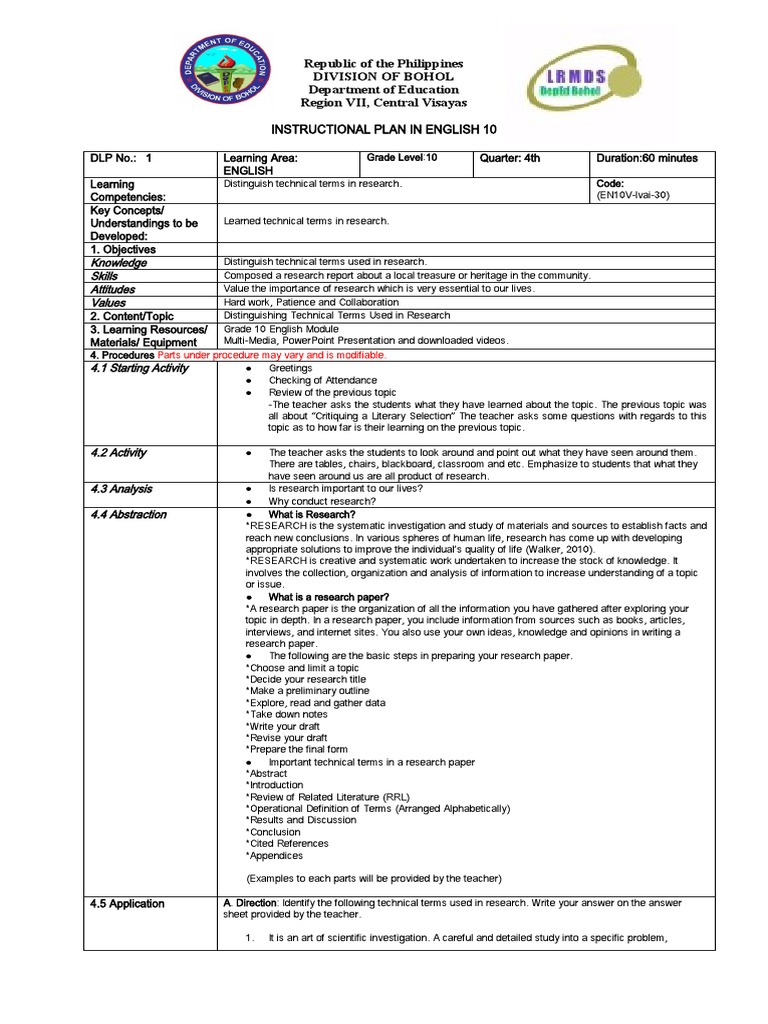 English 10 Instructional Plan: Research Terms | PDF | Learning ...
