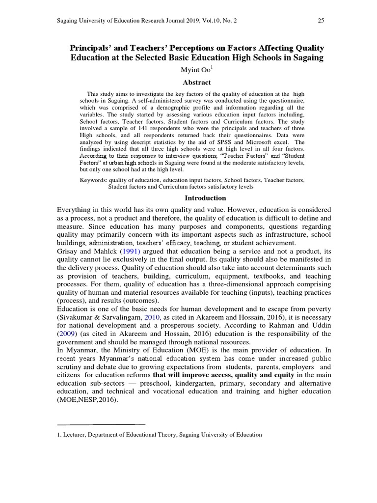 11.. Principals' and Teachers' Perceptions On Factors Affecting Quality