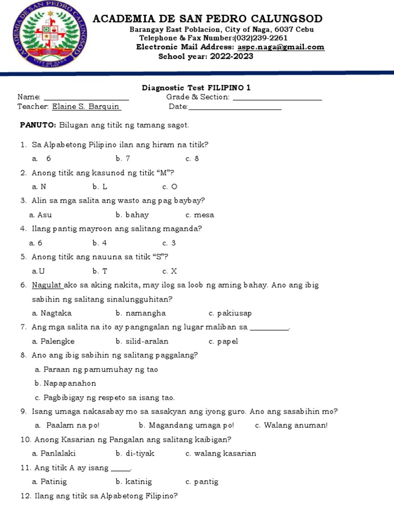 Diagnostic Test in Filipino 1 PDF