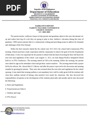 NARRATIVE REPORT Parent Teacher Conference