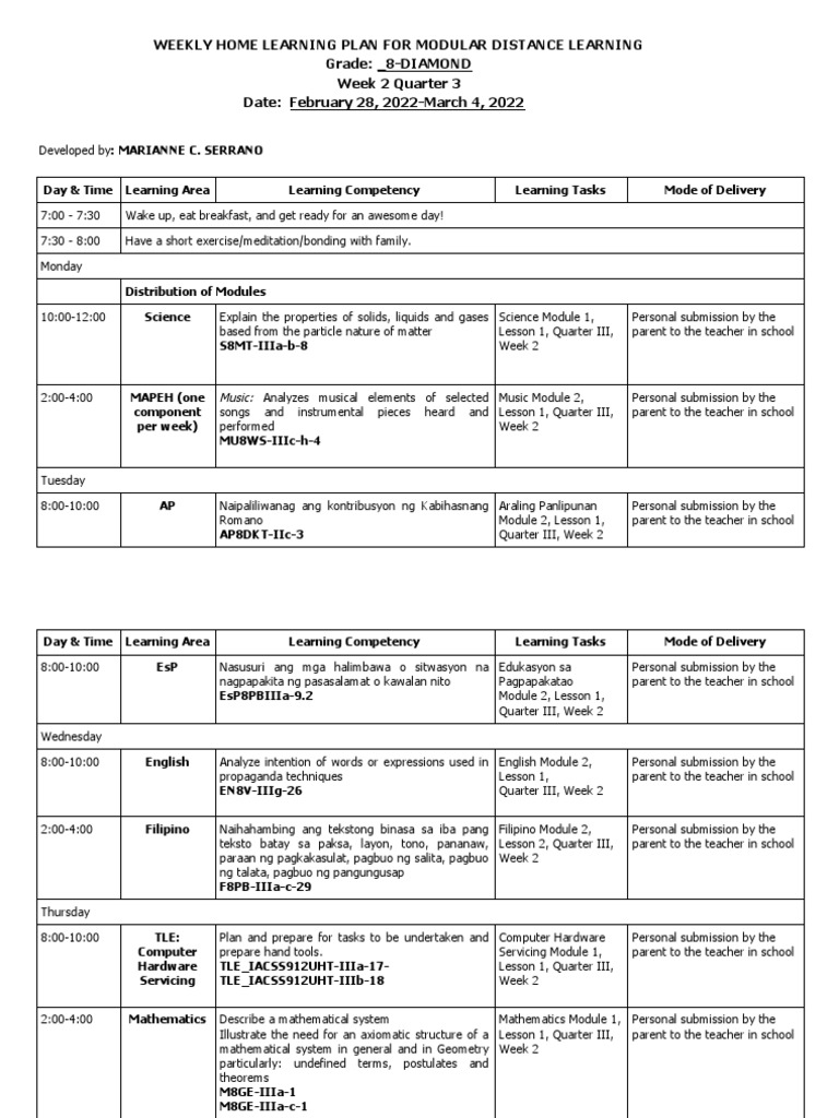 Weekly Home Learning Plan For Modular Distance Learning Grade: - 8 ...