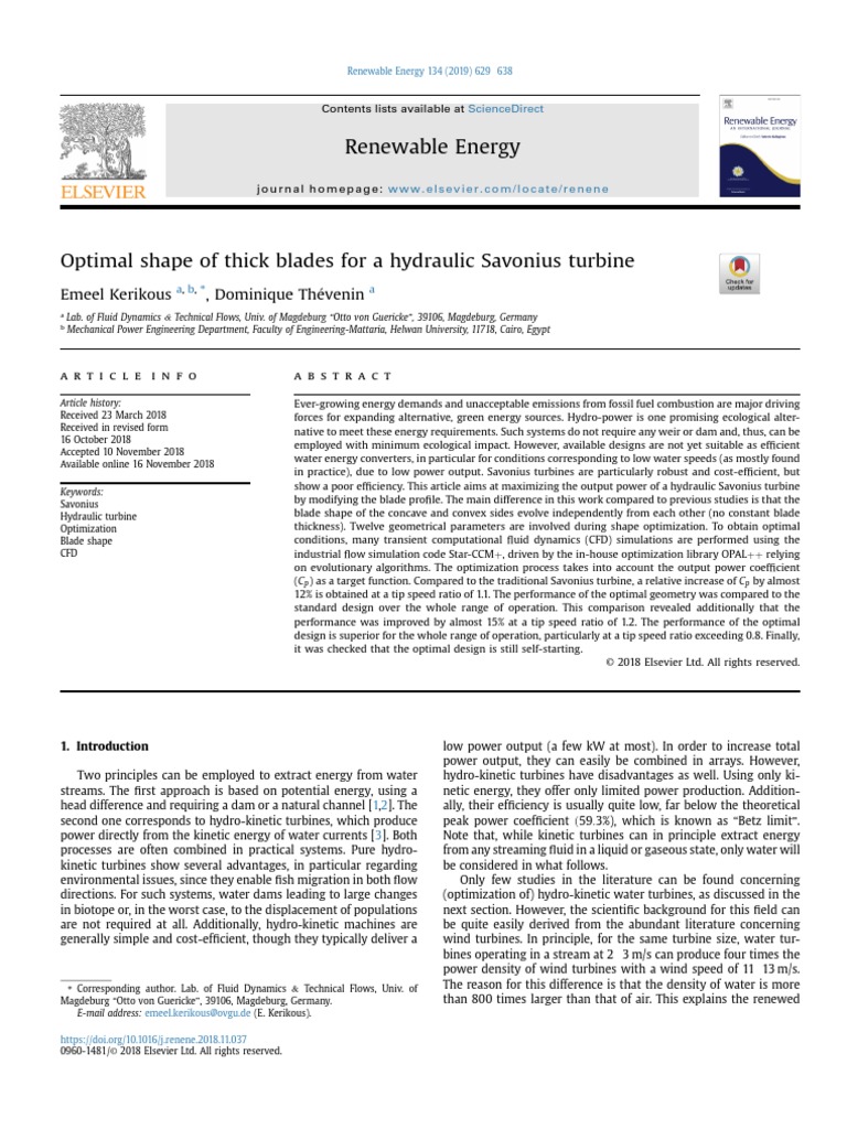 Optimal Shape of Thick Blades For A Hydraulic Savonius Turbine | PDF ...