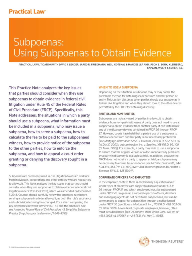 Subpoenas Using Subpoenas To Obtain Evidence Download Free PDF