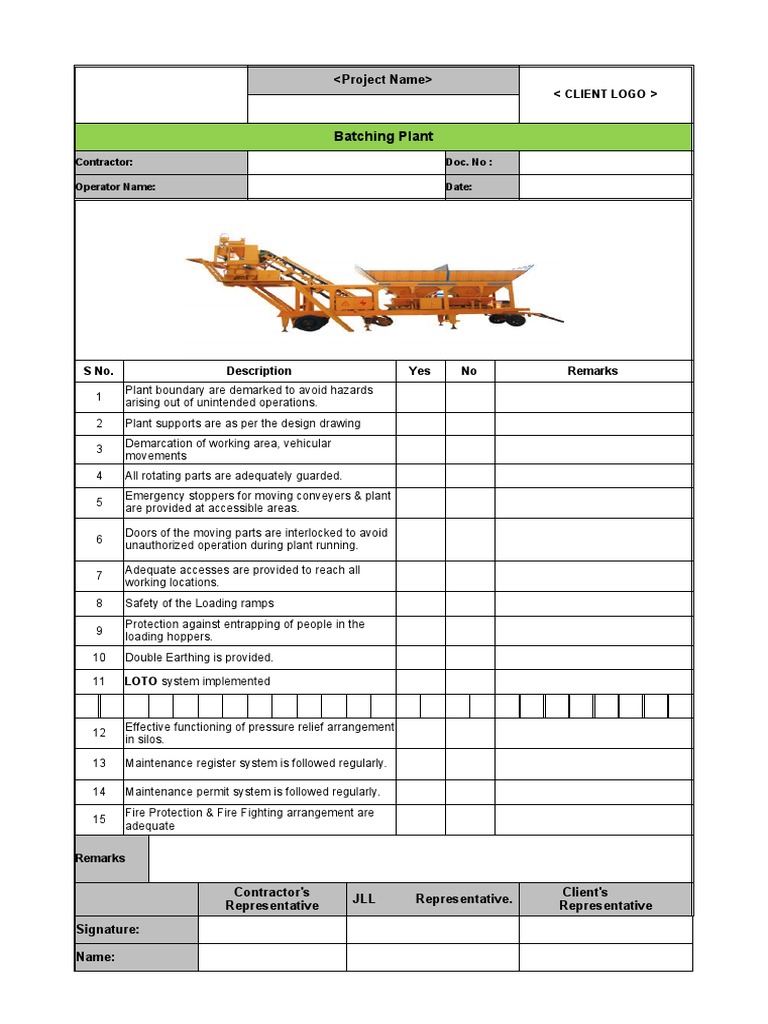 Batching Plant Safety Inspection Checklist | PDF