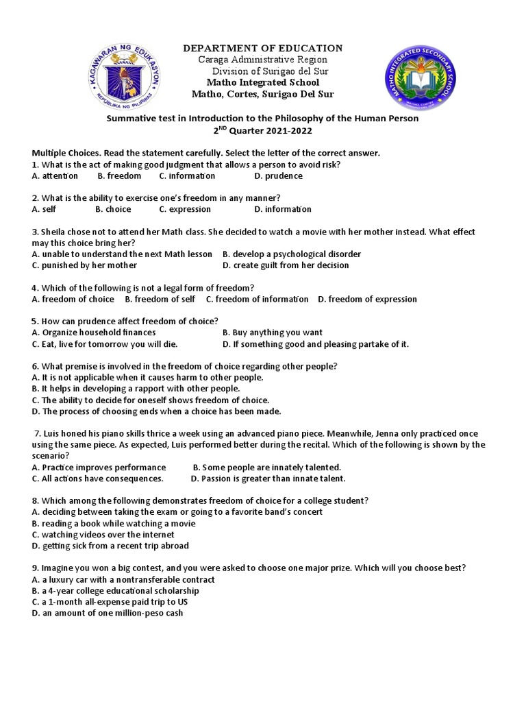 Summative Test in NTRO TO PHILO 2ND QUARTER | PDF | Test (Assessment ...