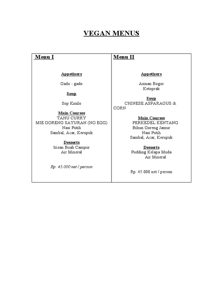 Vegan Menus Menu I Menu II PDF Desserts Food And Drink Preparation