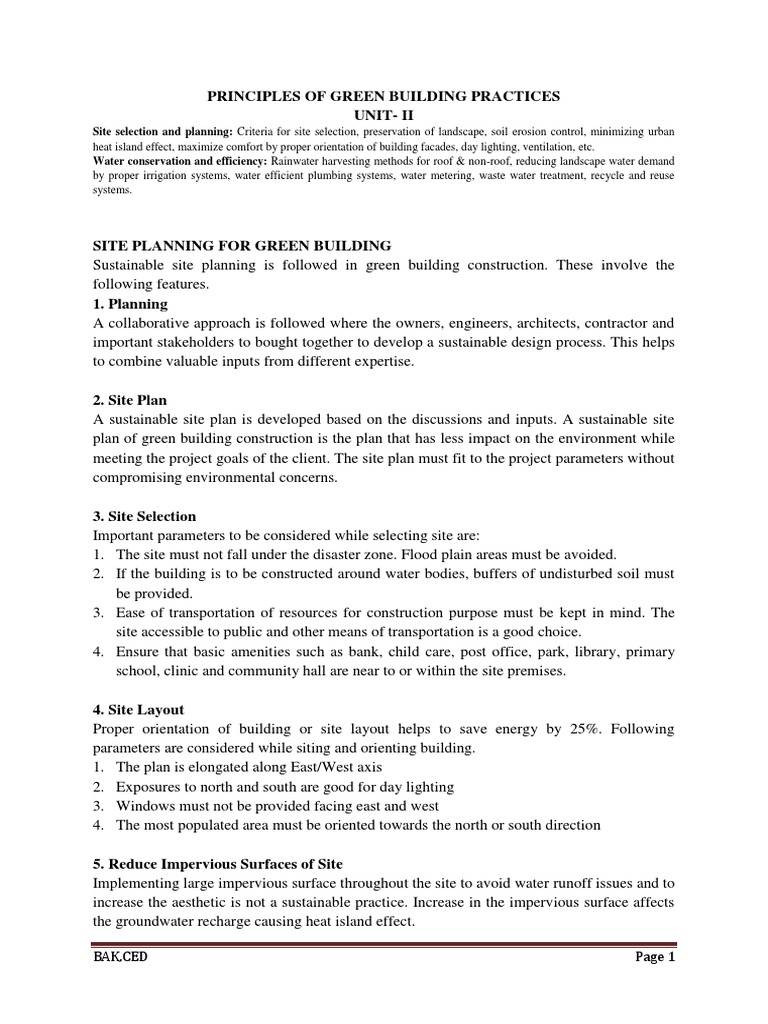 Principles of Green Building Practices Unit-Ii: Bak, Ced | PDF ...
