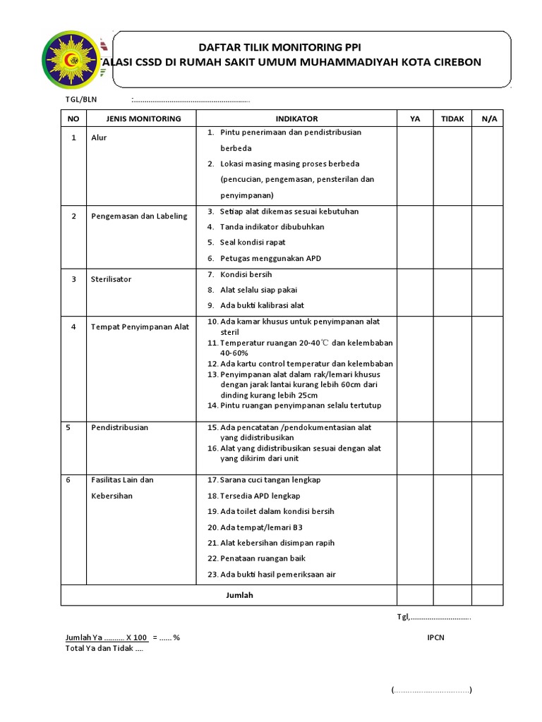 Daftar Tilik Monitoring PPI CSSD RS Muhammadiyah | PDF