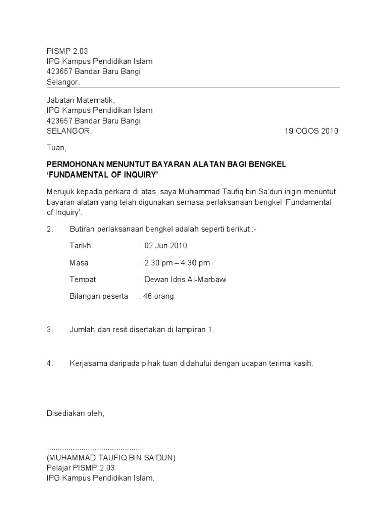 Contoh Surat Kepada Ptd Mersing