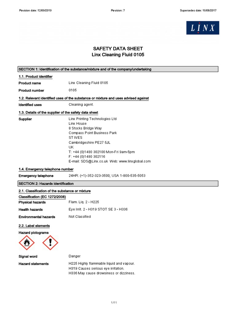 Linx Cleaning Fluid 0105 Safety Data | PDF | Toxicity | Personal ...