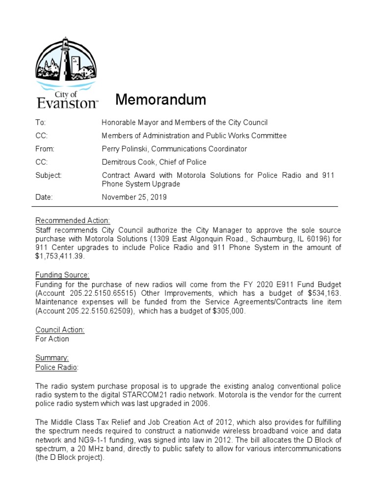 Contract award with motorola solutions for police radio and 911 phone