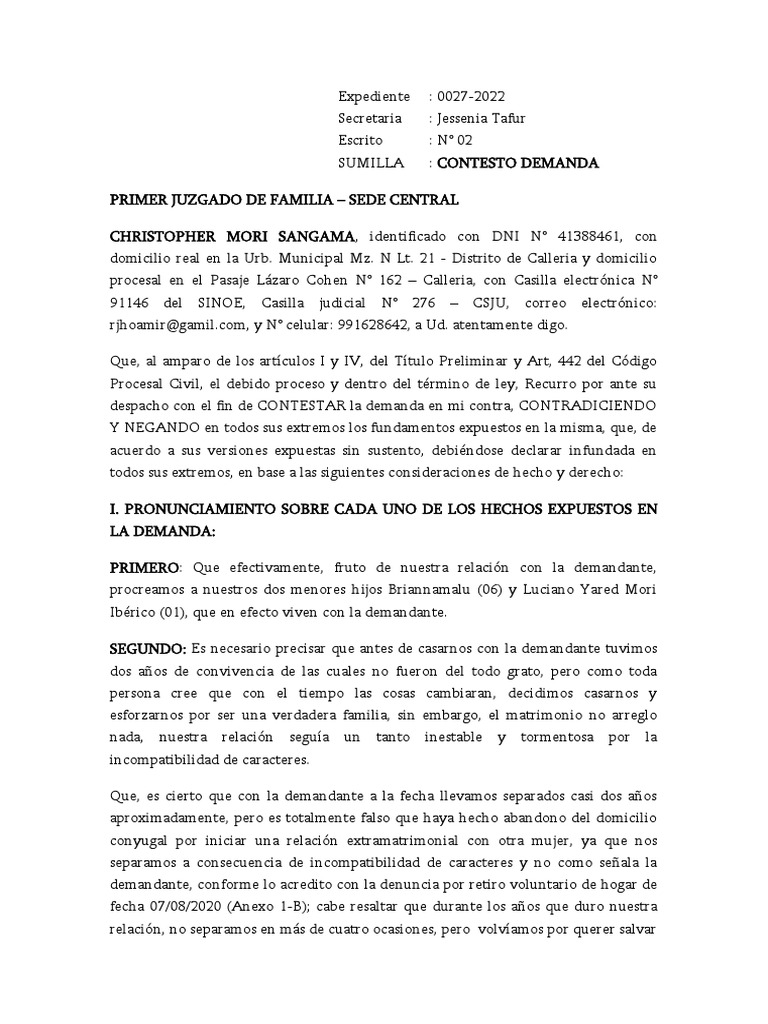 Contestación a Demanda Familiar | PDF | Demanda judicial | Debido al ...