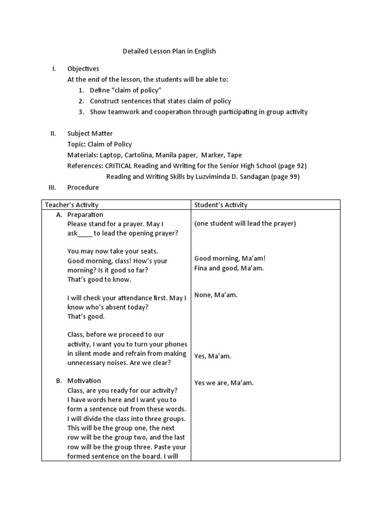 Lesson Plan: Claim of Policy in English | PDF | Lesson Plan | Cognition