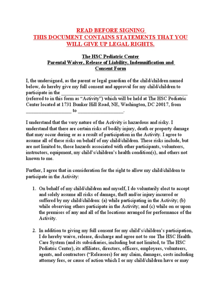 Parental Waiver & Liability Form | PDF | Indemnity | Civil Law (Legal ...