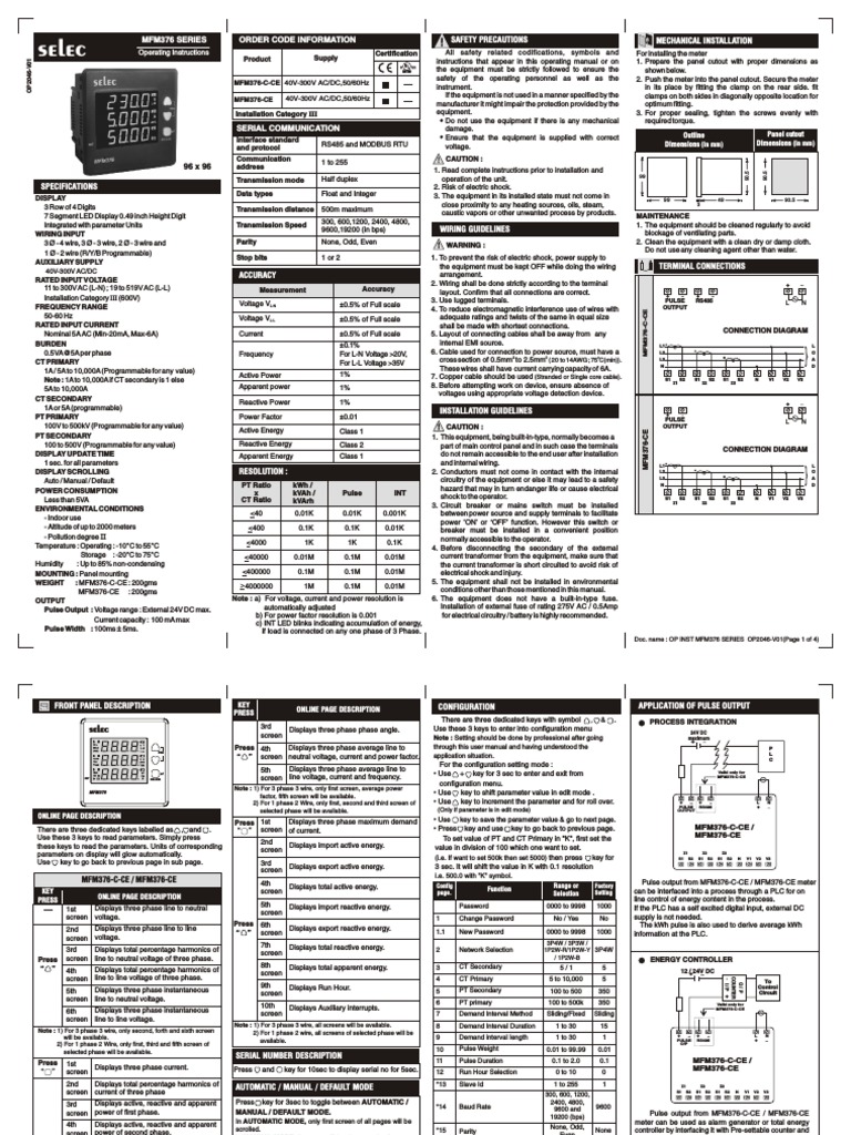 Selec: Mfm376 Series Order Code Information Mechanical Installation ...