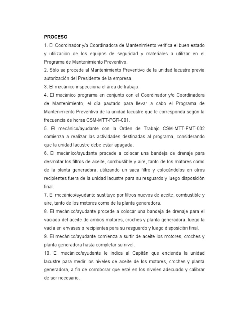 PROCESO Mtto Preventido Unid Lacustre | PDF
