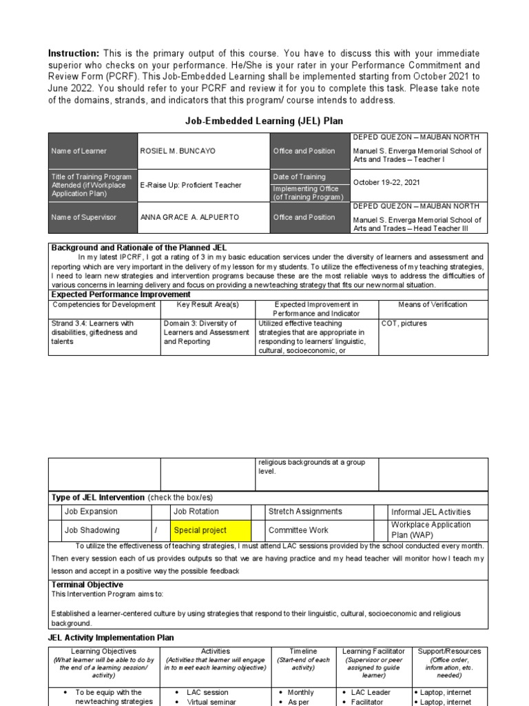 Job-Embedded-Learning-Plan | PDF | Learning | Teachers